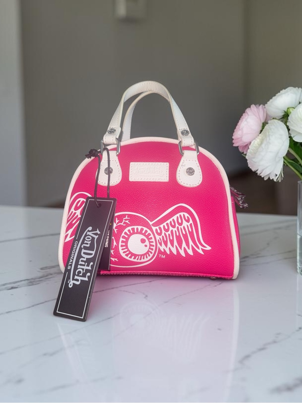 Von Dutch Hot Pink Dome Satchel with White Trim NWT
